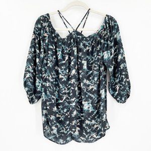 VICI Small Top Blouse Off Shoulder Strappy Tie Dye Black Blue 3/4 Sleeve Sexy
